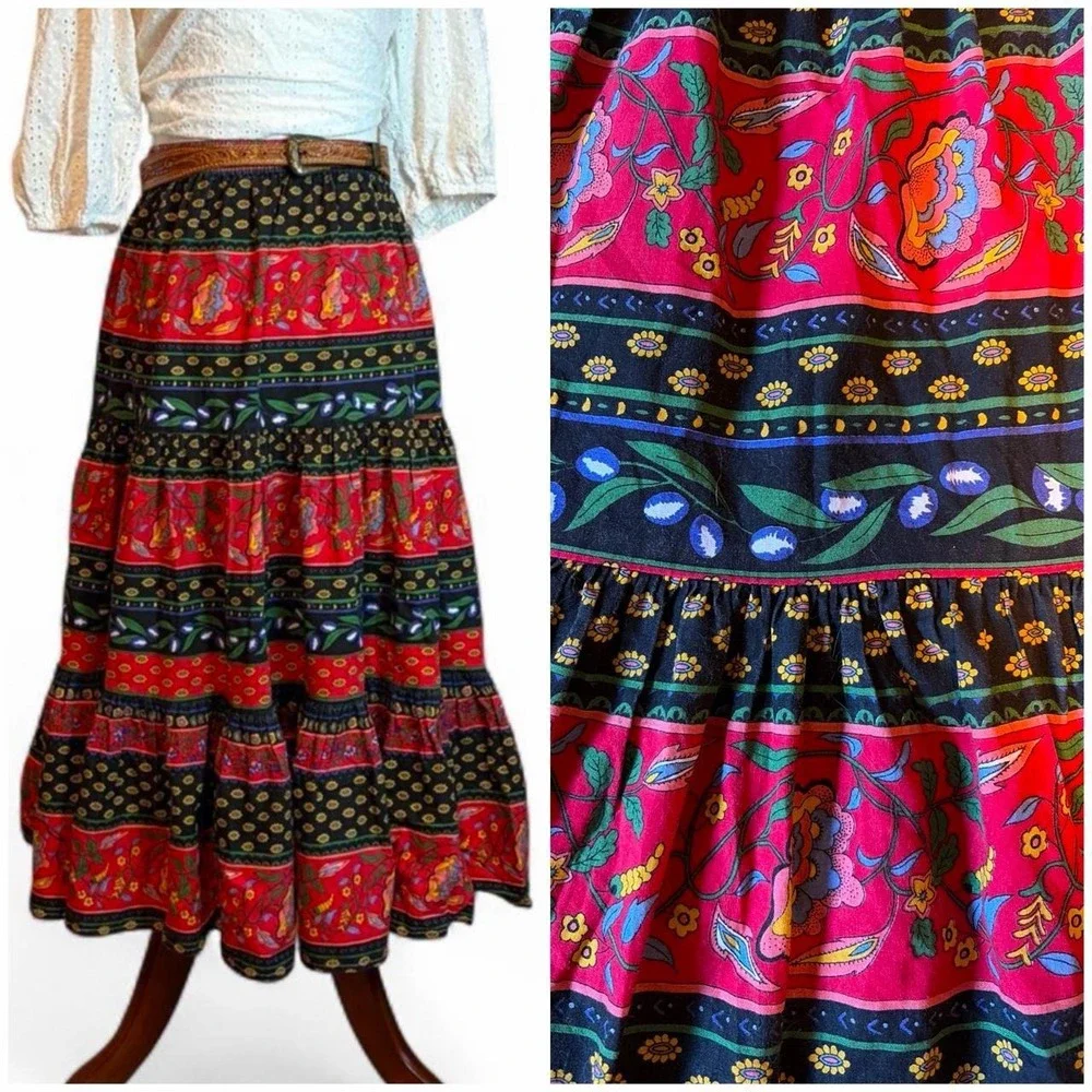 Vintage 90s Folksy Floral Tiered Maxi Skirt